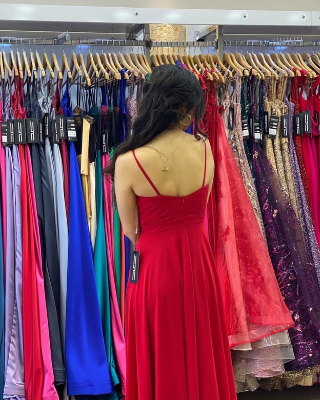 Red Spaghetti-Straps Slit Long On Sale Prom Dress