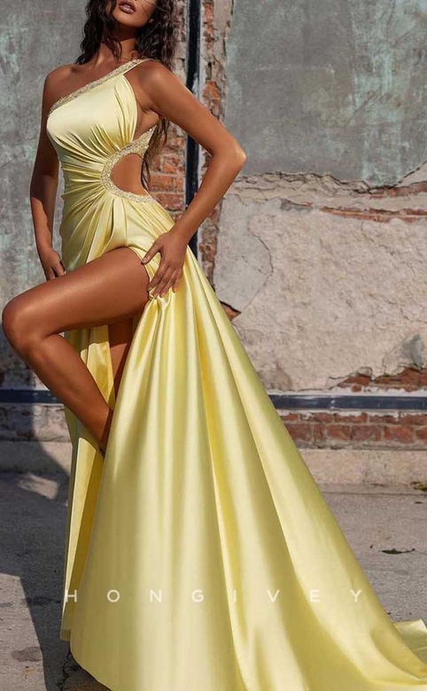 One Shoulder Illusion Beaded Ruched Side Slit Satin Gown