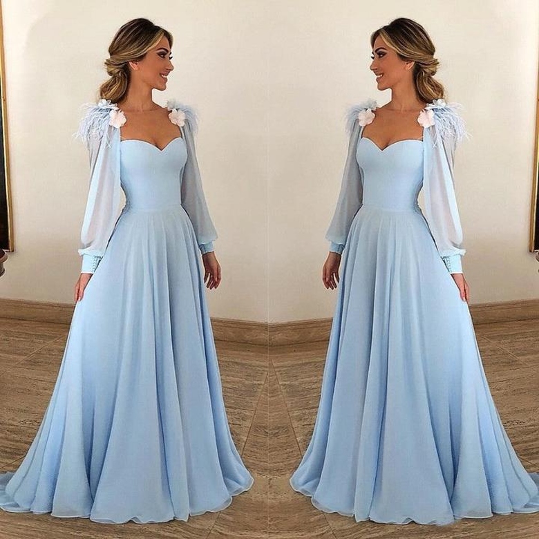 Sky Blue Long Sleeves Chiffon Sweetheart Prom Dress