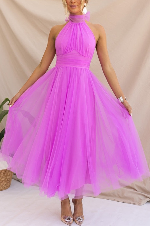 Fairy Vibes Tulle Gathered Halter Maxi Dress