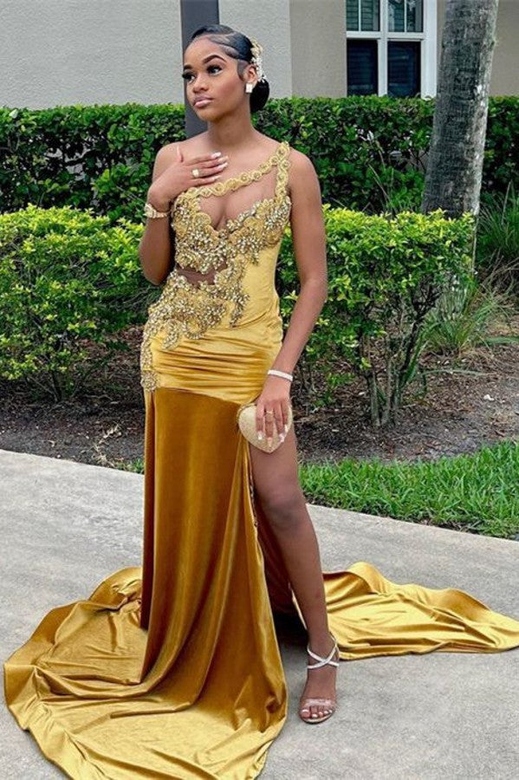 One Shoulder Gold Beaded Split Long Mermaid Prom Dress