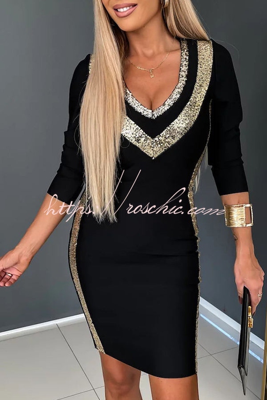 Moon River Sequin Gold Patchwork V Neck Mini