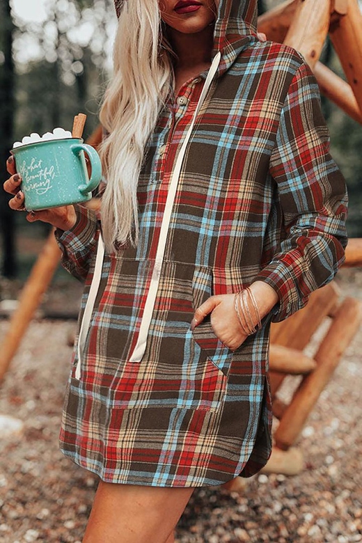 Plaid Print Hooded Long Sleeve Casual Dress for Comfort