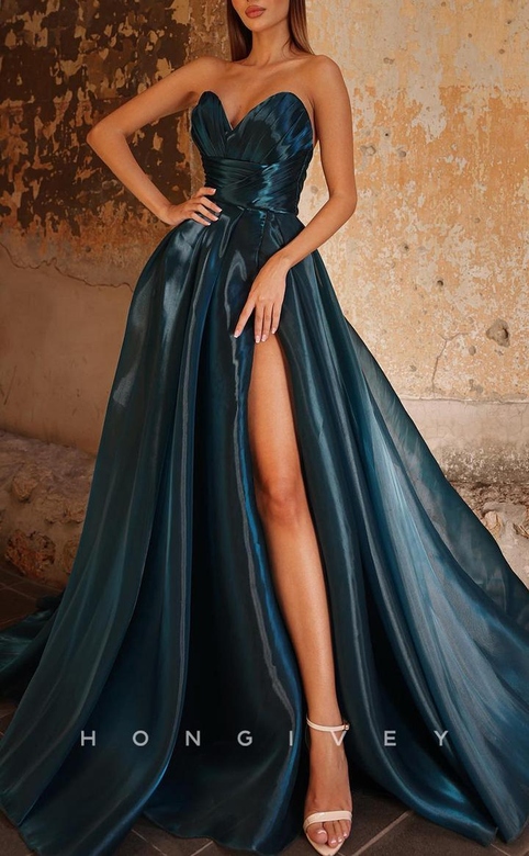 Sexy Satin A-Line Sweetheart Sleeveless Empire Ruched Side Slit Train Prom Gown