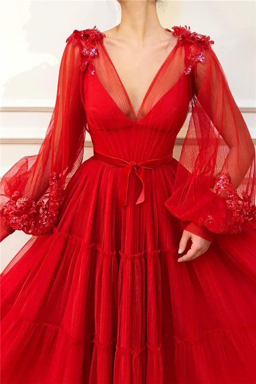 Red V-Neck Bubble Sleeves Long Prom Dress