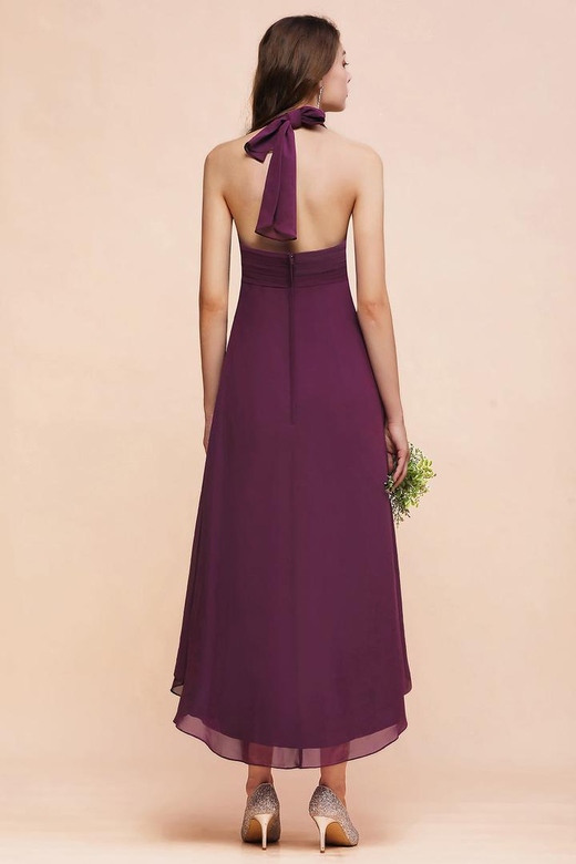 Stylish Hi-Lo Halter Grape Chiffon Ruffle Bridesmaid Dresses