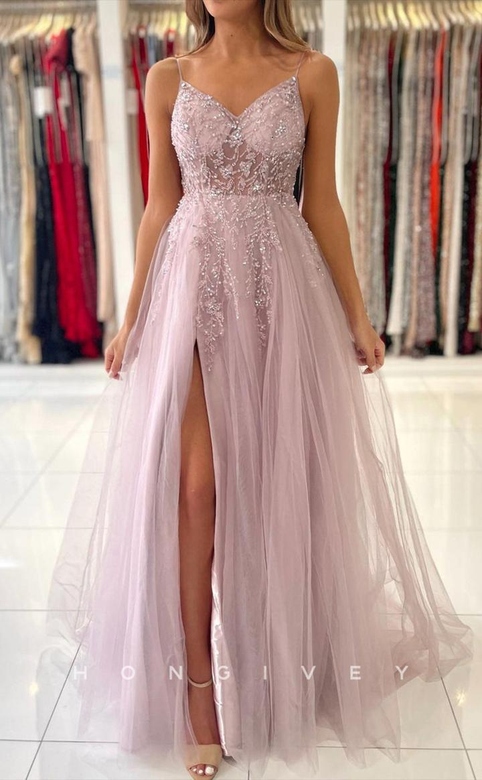 Sexy Illusion Tulle A-Line V-Neck Spaghetti Straps Beaded Gown