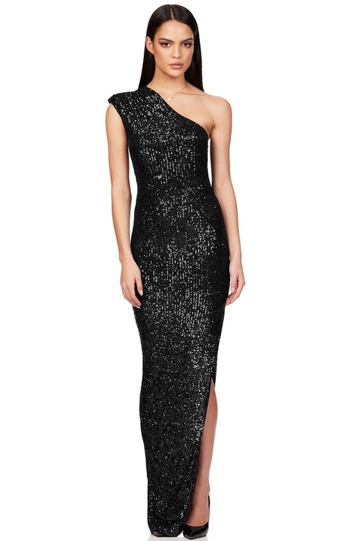 Elegant Padded One Shoulder Black Split Sequin Evening Gown