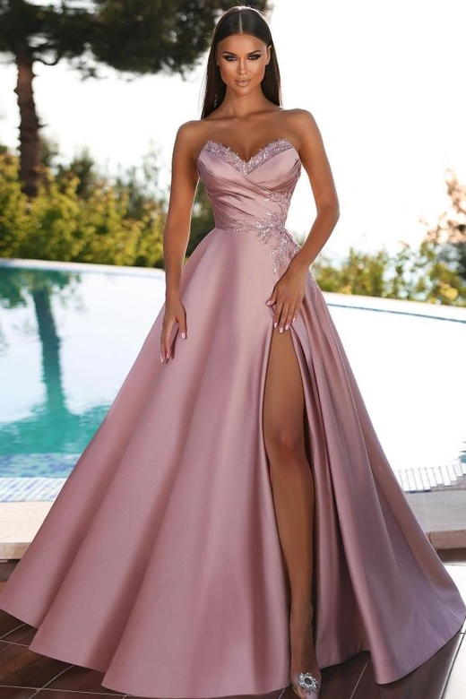 Sweetheart Dusty Pink Lace Slit Appliques Long Prom Dress