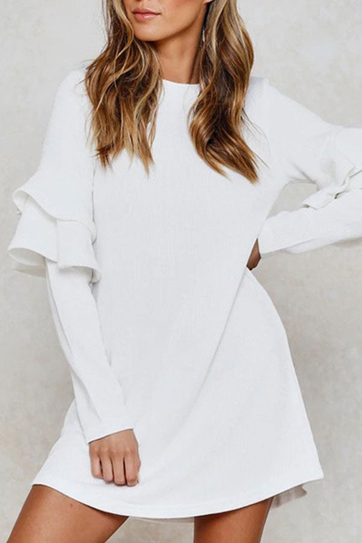 White Round Neck Ruffle Sleeve Dress for Feminine Elegance