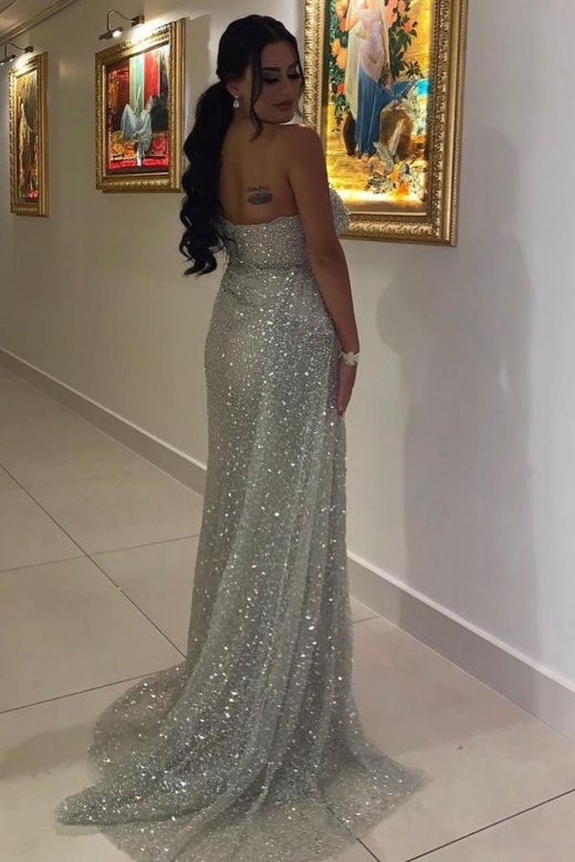 Sequins One Shoulder Slit Mermaid Prom Dress