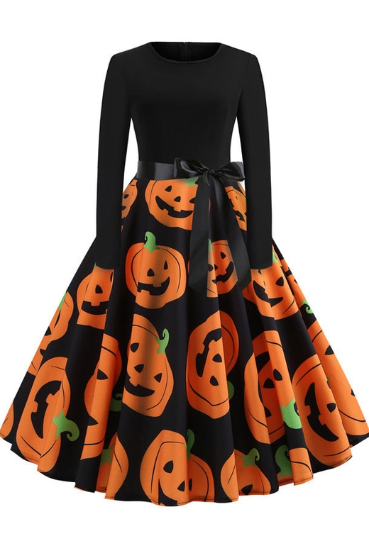 Halloween Printed Belt Vintage Dress for Festive Elegance