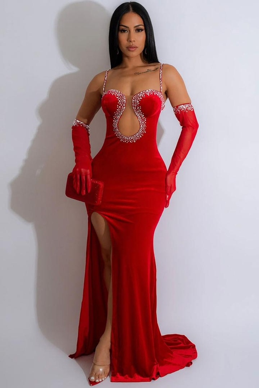 Glamorous Gloved Rhinestone Sweetheart Neck Velvet Evening - Red