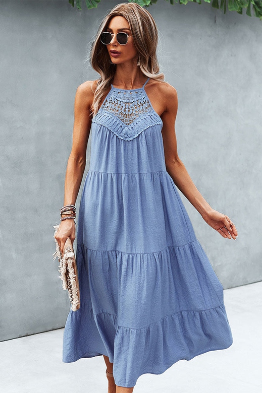 Chic Sleeveless Solid Color Stitching A-Line Mid-Length Dress