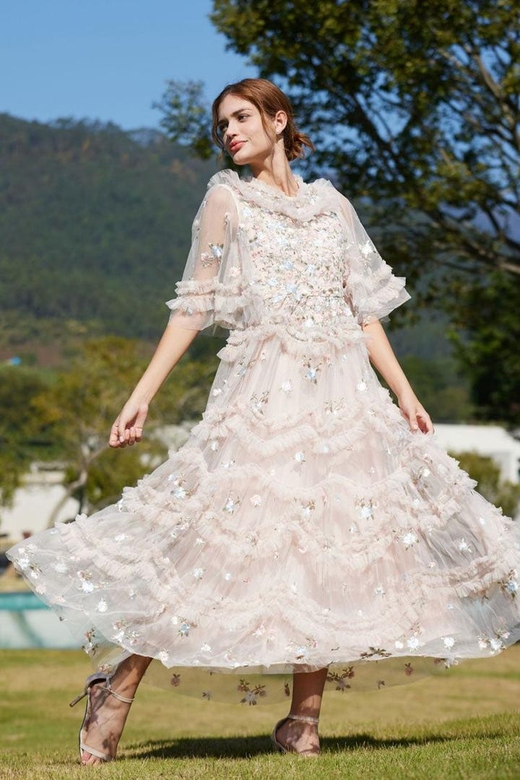 Fairy Tale Floral Embroidered Summer Tiered Ruffle Tulle - Pink