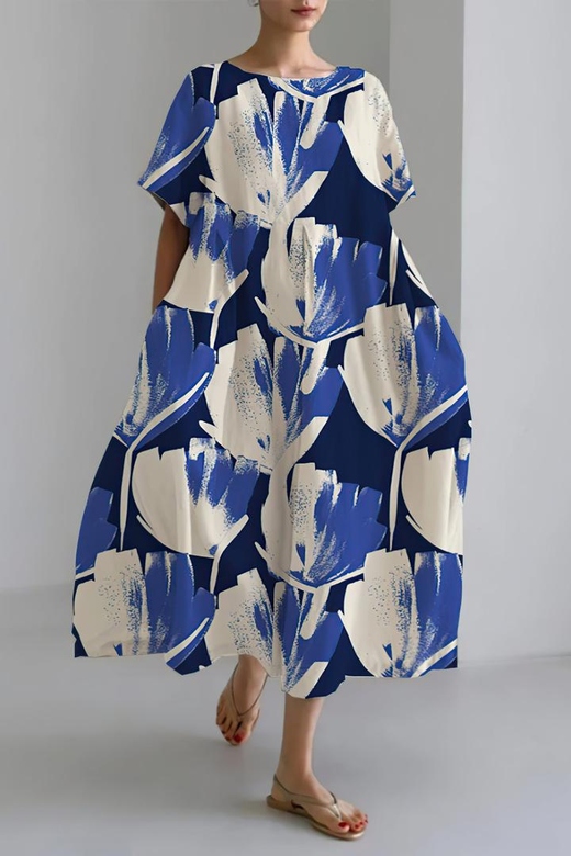 Blue Floral Cartoon Style Loose Fit Dress for Whimsical