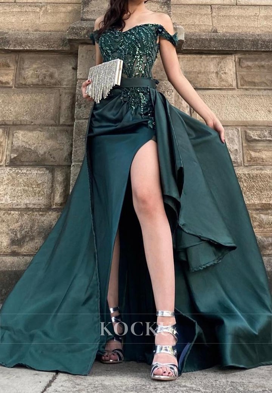 Couture & Ornate Off-Shoulder Sparkly Sheath Split Party Prom Evening Dress