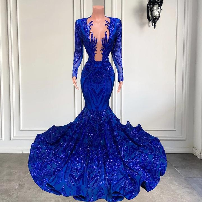 Hot Sparkle Royal Blue Sequin Long Sleeves Mermaid Prom Gowns