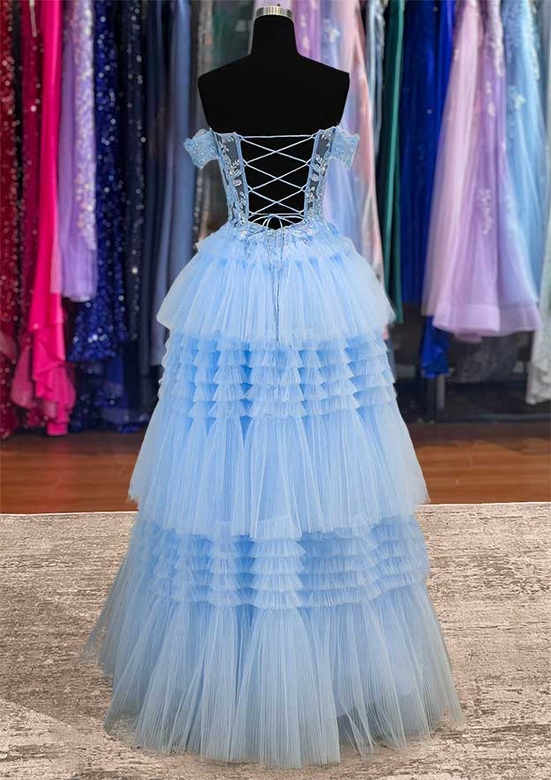 A-Line Princess Off-the-Shoulder Tulle Prom Dress with Appliqued Beading Ruffles