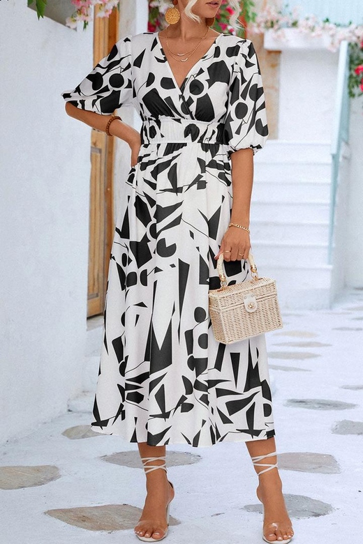 Print V-Neck Beach Bubble Sleeve Midi Dress for Sun