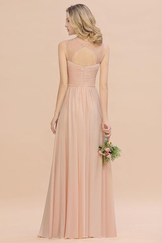 Elegant Spaghetti Straps Pink Beadings Backless Bridesmaid Dresses