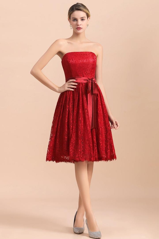 Pretty Strapless Red Lace Sleeveless Sash Wedding Party Dress