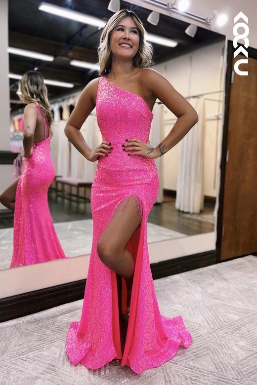 Chic One-Shoulder Sleeveless Sequins Side Slit Mermaid Prom Dress