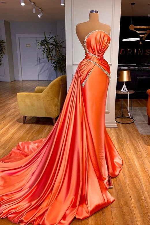 Amazing Orange Crystal Detachable Train Mermaid Prom Gown