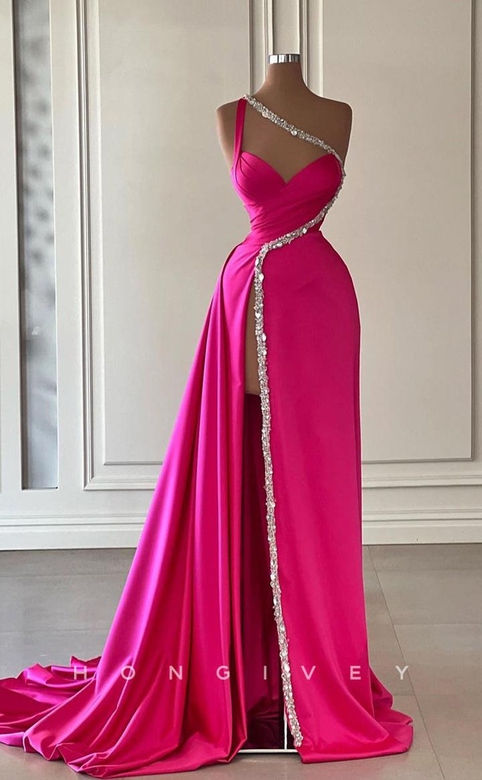 Sexy Satin A-Line One Shoulder Sleeveless Ruched Beaded Gown