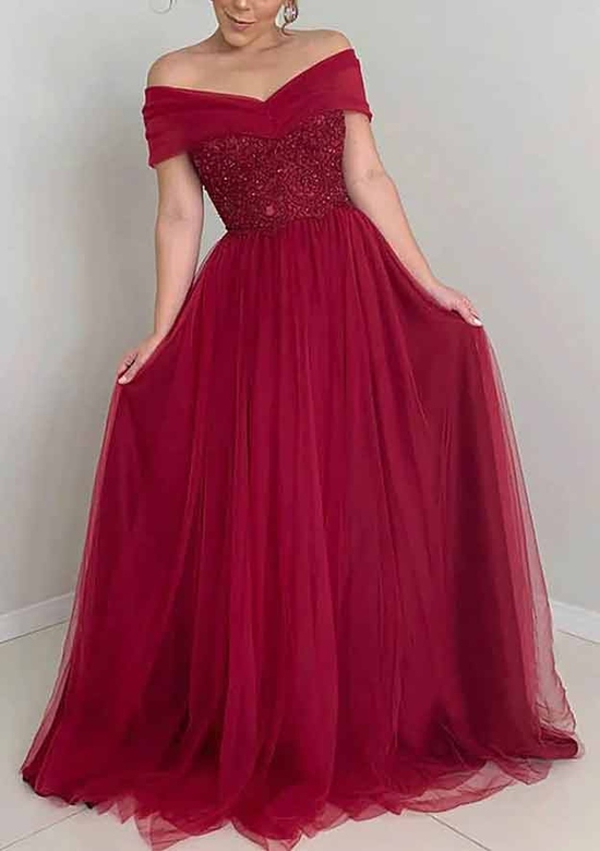 A-Line Off-the-Shoulder Sleeveless Long Tulle Sequins Appliqued Prom Dress