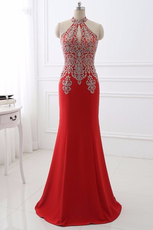 Chic High-Neck Sleeveless Black Appliques Beadings Mermaid Prom Dress