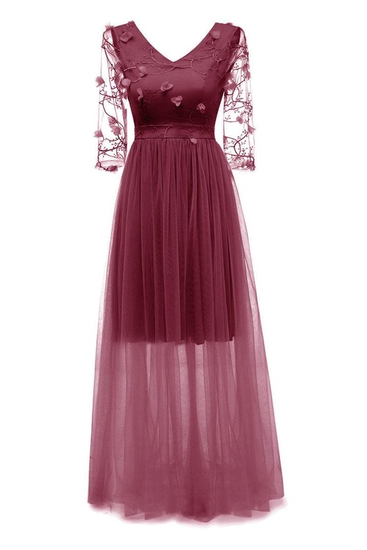 Burgundy Long V-Neck Applique A-Line Prom Dress with Sleeves