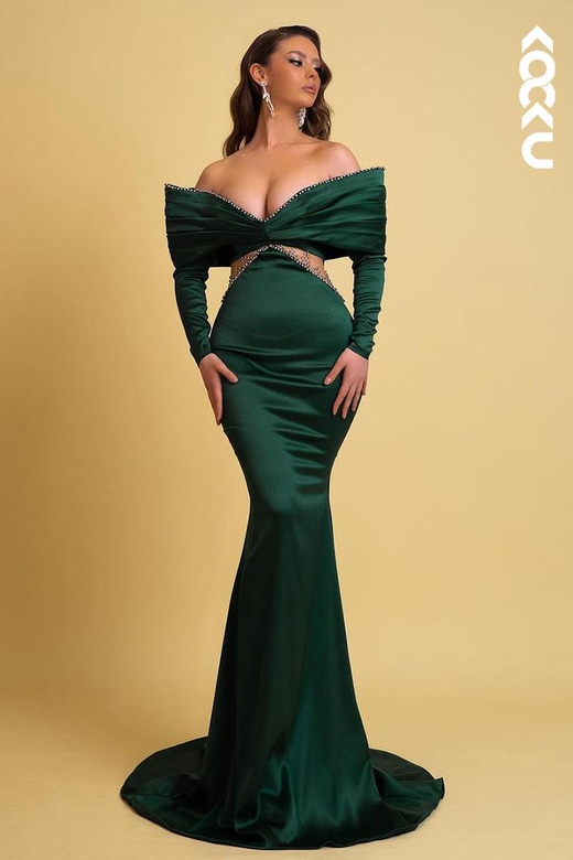 L2548 - Chic & Modern Sheath Off-Shoulder Draped and Beaded Gown