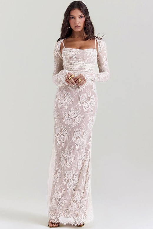 Cream Vintage Long Sleeve Shrug Floral Lace Sleeveless Maxi