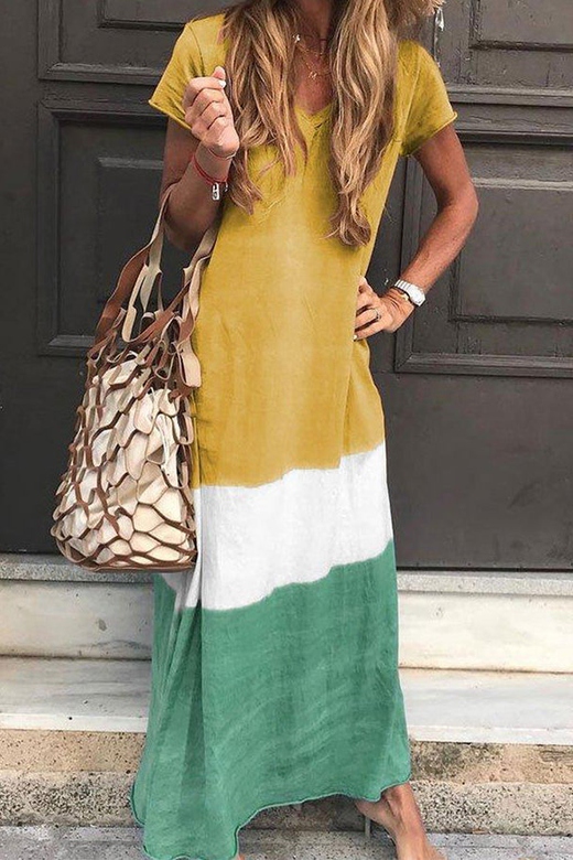 Tri-Colored V-Neck Maxi Dress with Short Sleeves for Vibrant Style