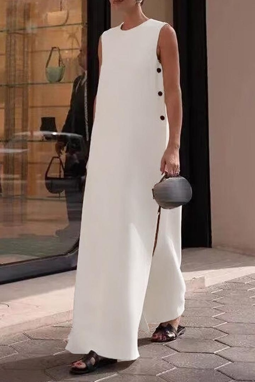 Casual Buttons Slit O-Neck Dresses