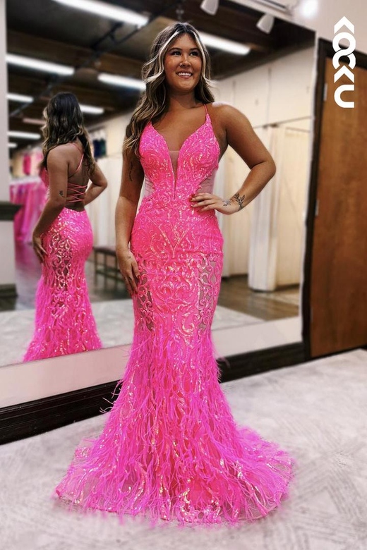 Sexy & Sparkly V-Neck Spaghetti Straps Mermaid Sequins Evening Gown