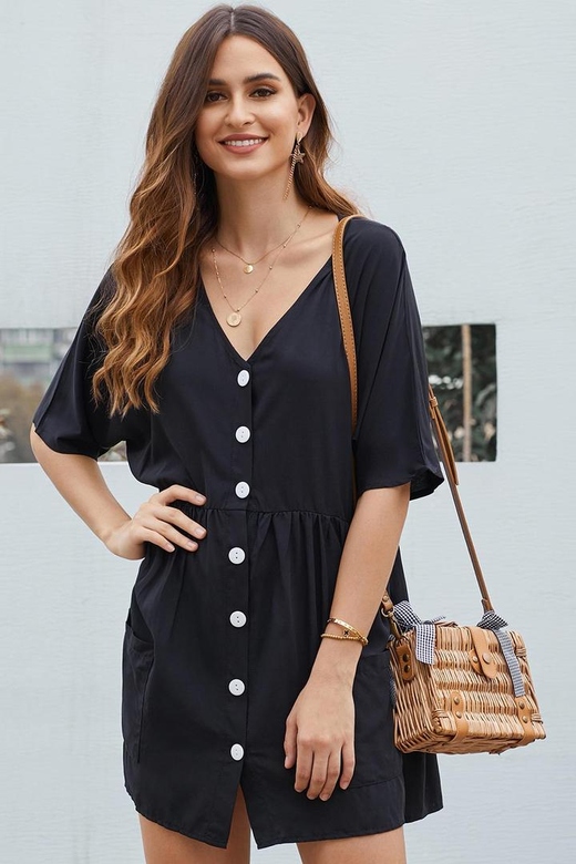 Black Single-Breasted Mini Dress with Pockets for Versatile Style