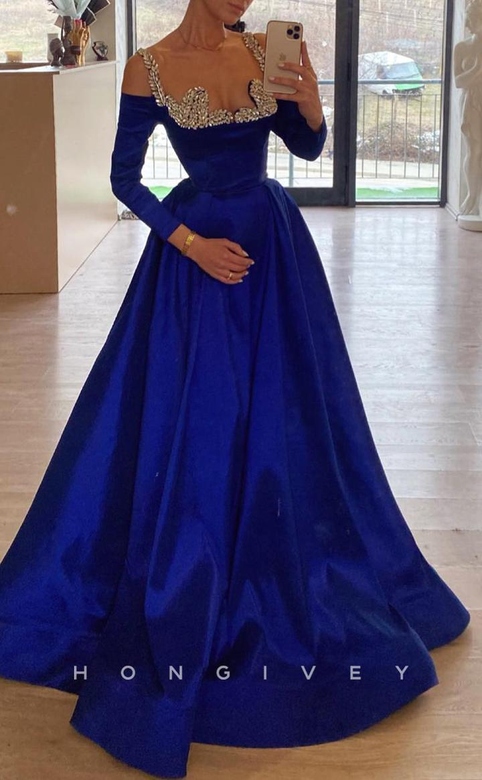 Satin A-Line Off-Shoulder Beaded Empire Party Prom Evening Gown