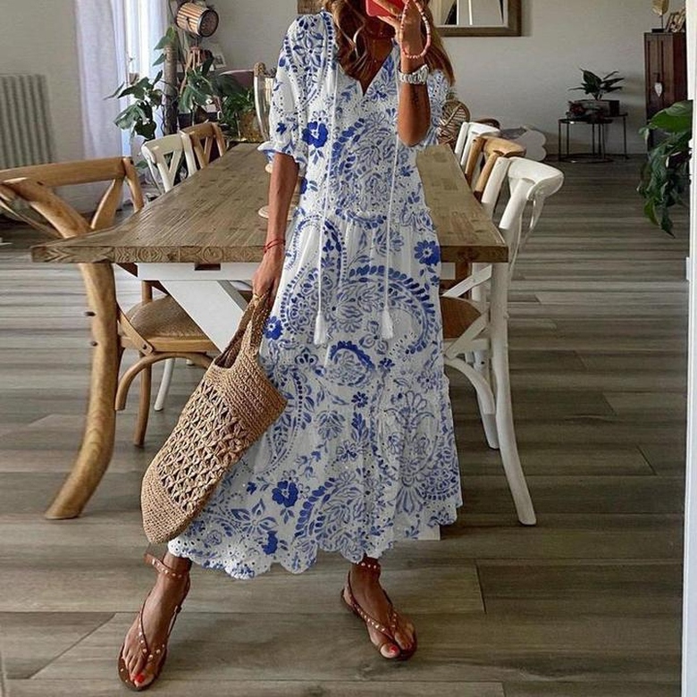 Romantic Blue Print Short Sleeve Maxi Dress for Grace