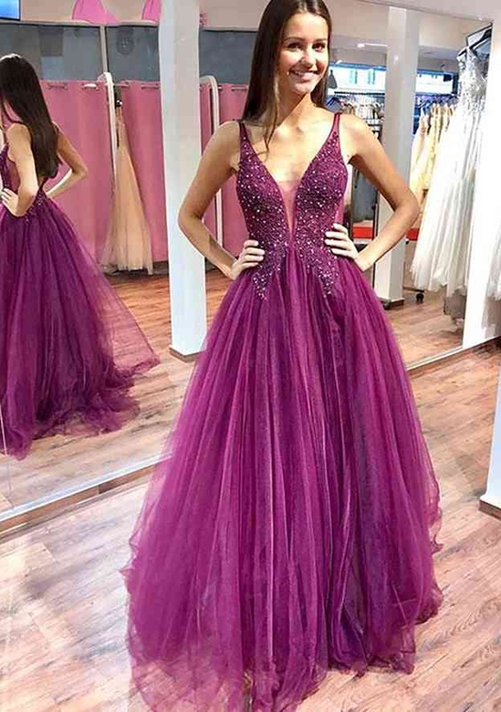 A-Line V-Neck Sleeveless Long Prom Dress with Appliqued Beading Sequins