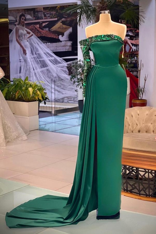 Long Sleeves Off-the-Shoulder Slit Long Mermaid Evening Dress