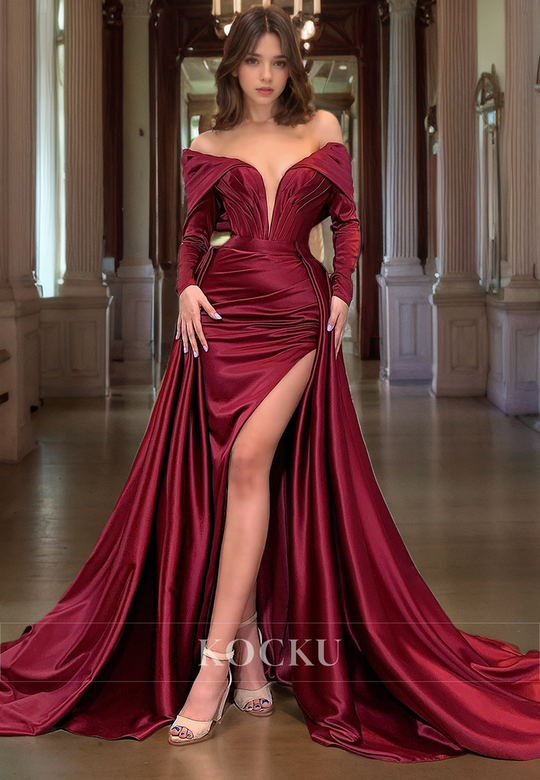 Classic & Timeless V-Neck Long Sleeves Sheath Split Satin Gown