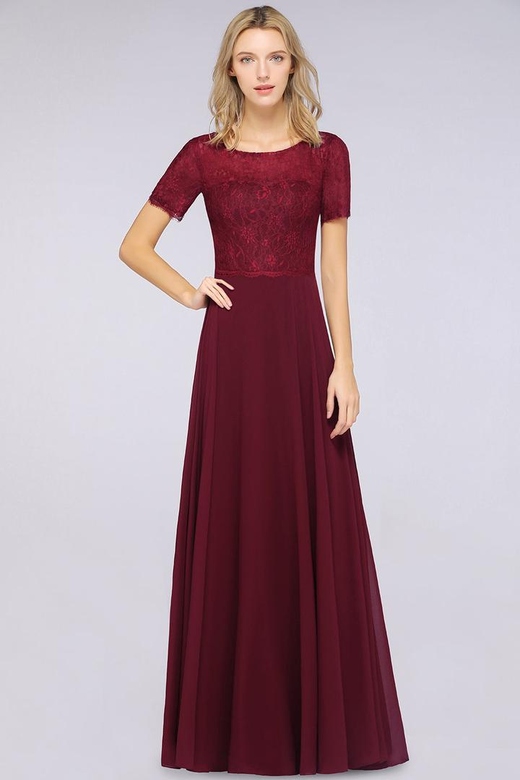 Chic Lace Long Burgundy Backless Short-Sleeves Bridesmaid Dresses