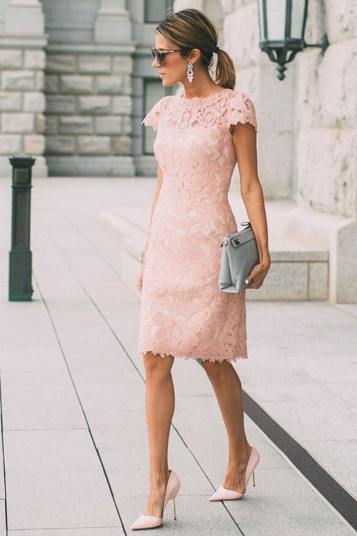 Pink Short Sleeves Lace Knee-Length Prom Dress