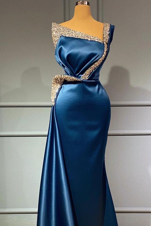 Blue Beading Sequins One-Shoulder Long Mermaid Prom Dress