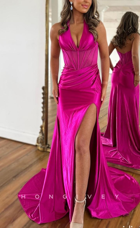 Chic Satin Trumpet V-Neck Halter Pleats Side Slit Party Gown