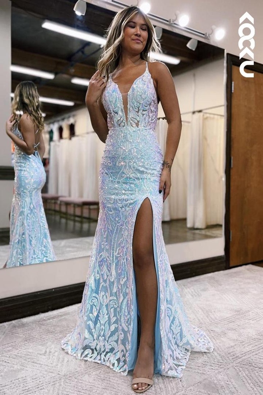 Sexy Deep V-Neck Straps Slit Mermaid Applique Prom Party Dress