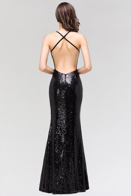 Elegant Mermaid Sequined Long Black Spaghetti Straps Bridesmaid Dresses