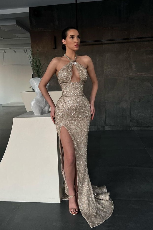 Halter Sequins Sleeveless Mermaid Prom Dress with Slit